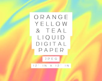 Papiers numériques liquides orange jaune et sarcelle, téléchargement instantané, papier peint, arrière-plan, textures de marque, liquéfier, papiers numériques, JPEG