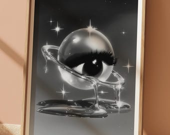 Poster Drippy Eye Planet : oeuvre d'art murale trippy en noir et blanc (téléchargement numérique)