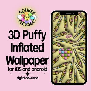 Puede incluir: Un smartphone muestra un fondo de pantalla 3D con un patrón repetitivo de porros de dibujos animados con caras sonrientes. Un diseño en forma de corazón con cuadrados pastel está en el centro. El texto dice "3D Puffy Inflated Wallpaper para iOS y android".