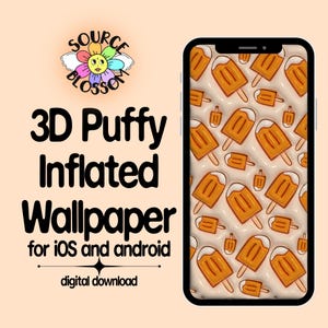 Puede incluir: Un smartphone muestra un fondo de pantalla 3D inflado con un patrón de ilustraciones de helados de naranja sobre un fondo crema. La imagen incluye el texto "3D Puffy Inflated Wallpaper for iOS and android" y un logotipo.