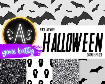 Zwart-wit digitale Halloween-papierset: vleermuizen, glitter, doodskisten (commercieel gebruik)