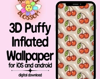 Papier peint 3D cerises gonflées pour téléphone, écran de verrouillage esthétique rétro (téléchargement numérique)