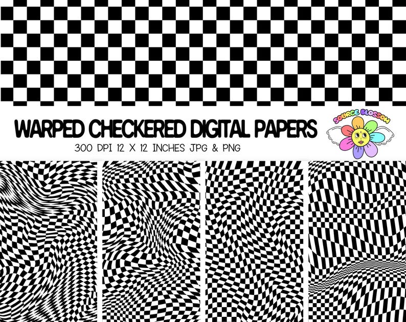 Vervormd geruit digitaal papierpakket: zwart-wit trendy achtergronden (12 x 12 inch jpeg) afbeelding 1