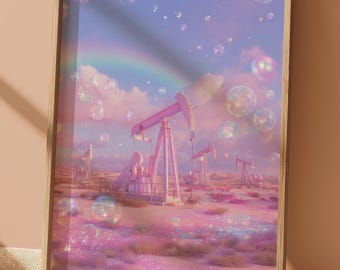 Impression d'art Ethereal West Texas Pumpjacks : affiche irisée de plates-formes pétrolières (téléchargement numérique)