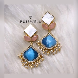 Blue Quartz with Pink Gems and Mother of Pearl Earrings