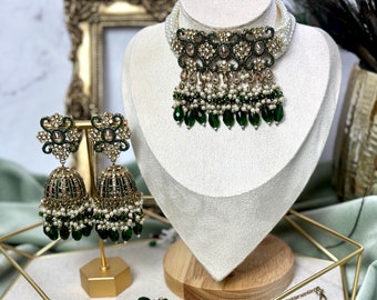Emerald Green Choker Set: Indian Bridal Jewelry with Jhumkas & Tikka
