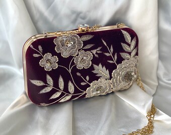 Maroon Velvet Potli Bag: Indian Zardozi Bridal Purse
