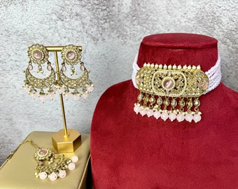 Light Pink Kundan Choker Set: Indian Tikka Earrings Jewelry