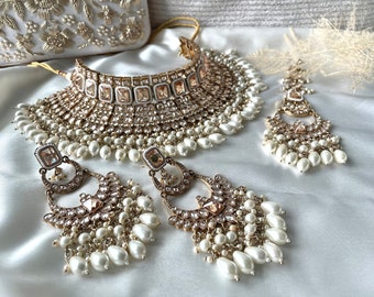 Indian Bridal Choker Set: Polki, AD Jewelry with Earrings & Tikka