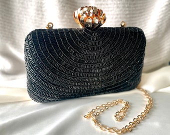 Navya Clutch- Black Pearl Metal Clutch Indian Embroidery Clutch Zardozi Evening Bag Sequence Clutch Black Clutch Black Bag