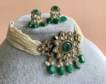 Emerald Green Victorian Choker Indian Green Choker Pearl Sangeet Jewelry Haldi Set