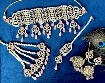 Pink Kundan Choker Set: Indian Bridal Jewelry with Jhoomar