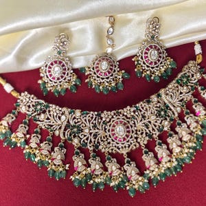 Sabyasachi-Inspired green pink Indian Bridal Necklace Set | Kundan Polki Jewelry | Gold-Plated Wedding Set  | Statement south indian look