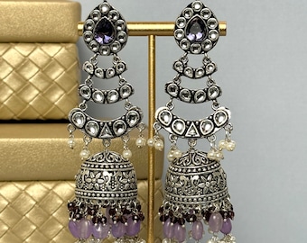 Oxidized Silver Jhumka Earrings: Purple Indian Chandbalis