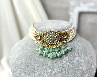 Mint Green Kundan Choker Necklace Set - Indian Sangeet Jewelry