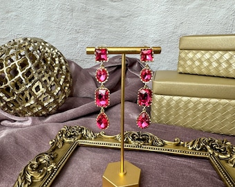 Magenta Drop Earrings: Long Pink Prom Dangle Earrings