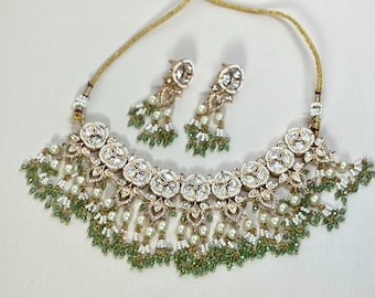 Kundan Choker Necklace Set: Mint Green Indian Jewelry