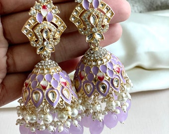 Oversized Meenakari Jhumkas Gold Jumkas Pakistani Magenta Chandbalis Indian Earrings long jhumkas sangeet  earrings jaggo earring Lavender