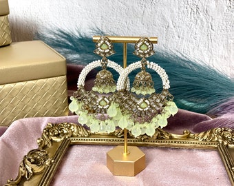 Mint Green Jhumka Earrings: Kundan Pearl Chandbali, Indian Jewelry