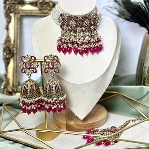 Magenta Pink AD Jewelry Set: Indian Choker, Jhumkas & Tikka
