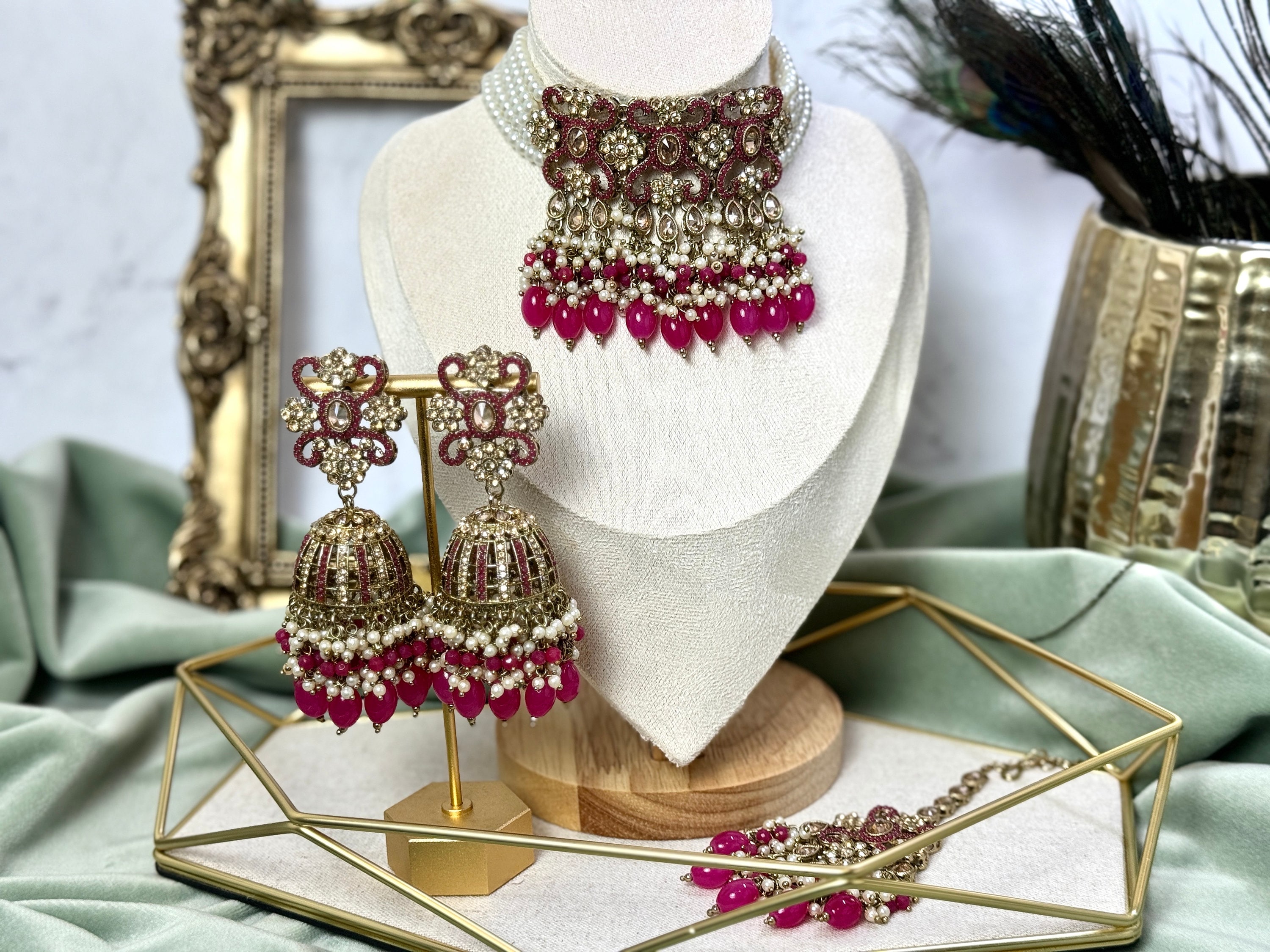 Magenta Pink AD Jewelry Set: Indian Choker, Jhumkas Tikka