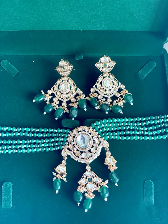 Emerald Green Kundan Choker Set: Indian Jhumka Jewelry