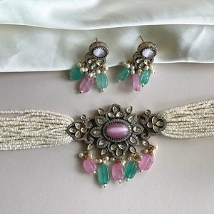 Baby Pink Green Choker Indian Victorian Jewelry Pearl Choker