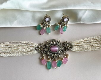 Baby Pink Green Choker Indian Victorian Jewelry Pearl Choker