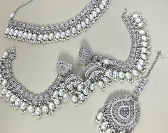 Silver and white Choker Indian Jewellery silver Kundan Set Gold Sahara Earrings silver Bahubali Jhumkas tyaani Sabyasachi saharey earrings