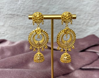 Gold Jhumkas Indian Earrings Plated Jhumkas 24 Karat Look dubai gold earrings Jhumkas Punjabi earrings Traditional Indian Earrings Punjabi