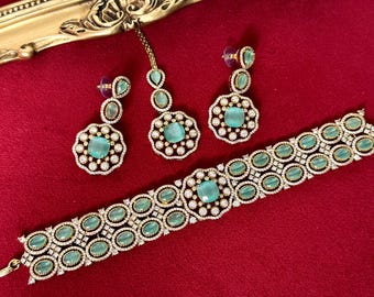 Mint Green CZ Crystal Choker Necklace Set - Indian Jewelry