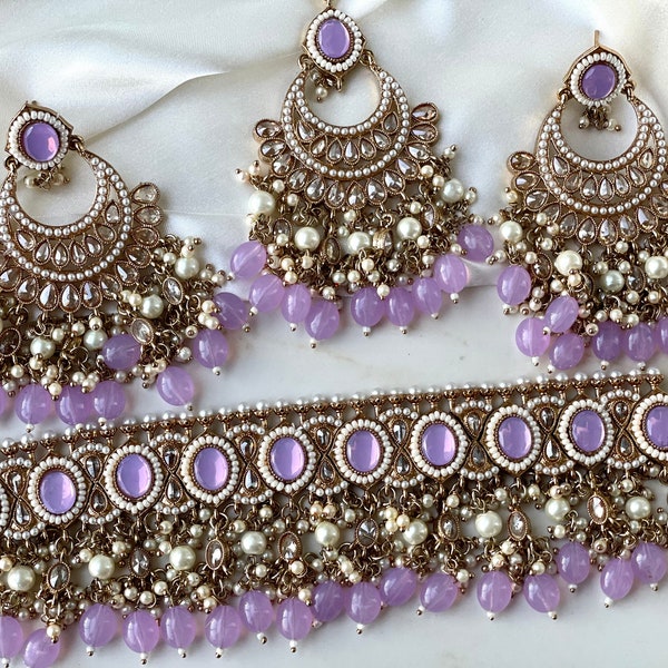 Lavender purple polki indian choker set Purple choker set Indian Jewellery Set Lavender kundan set Kundan jewelery