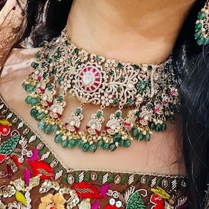 Bridal choker magenta Indian Bridal Necklace Set | Kundan Polki Jewelry | Gold-Plated Wedding Set  | Statement south indian look