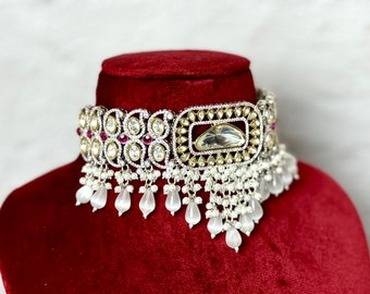 Polki Choker Set: Indian Silver Necklace, Kundan Wedding Jewelry