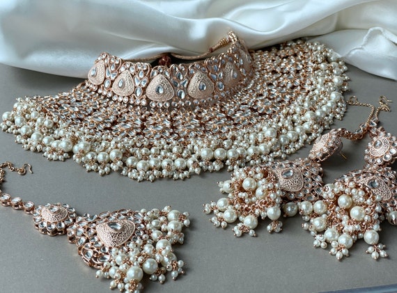 Kundan Bridal Set Indian Bridal Choker Gold and White Set Indian Bridal Jewellery Meenakari Copper Plated Pearl Set Indian Wedding Set Etsy