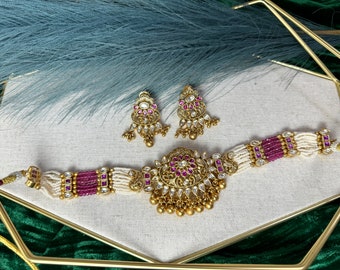 Magenta Gold Kundan Jewellery Indian South Set Pink and White Choker Gold Plated Choker Antique Gold Temple Jewellery Charisma 1007