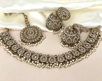 Gold Polki Choker with Jhumkas and Tikka: Indian Jewelry Set