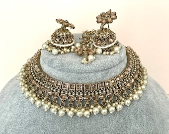 Gold Polki Choker Set: Indian Jhumkas & Tikka Jewellery