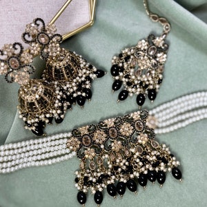 Black Polki Choker Set: Indian Bridal Jewelry with Jhumkas & Tikka
