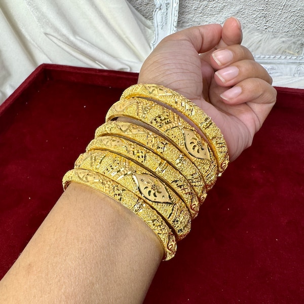 24 Gold Carat Plated Kadas SET OF 6 Gold Bangles Indian Chooriyan Gold Kangans Gold Kadas South Indian Bangles Gold Rush 1009