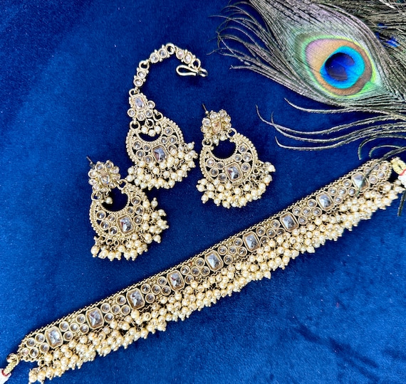 Gold Indian Choker Necklace Set: Kundan Polki Jewelry