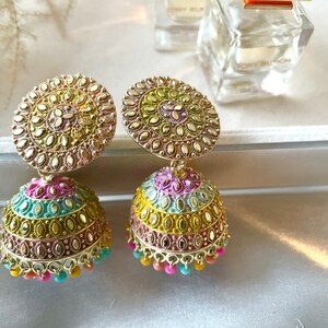 Indian Earrings Jhumkas Colorful Jhumkas gold multicolor jhumkas indian earrings pakistani earrings sangeet earrings mehendi earrings