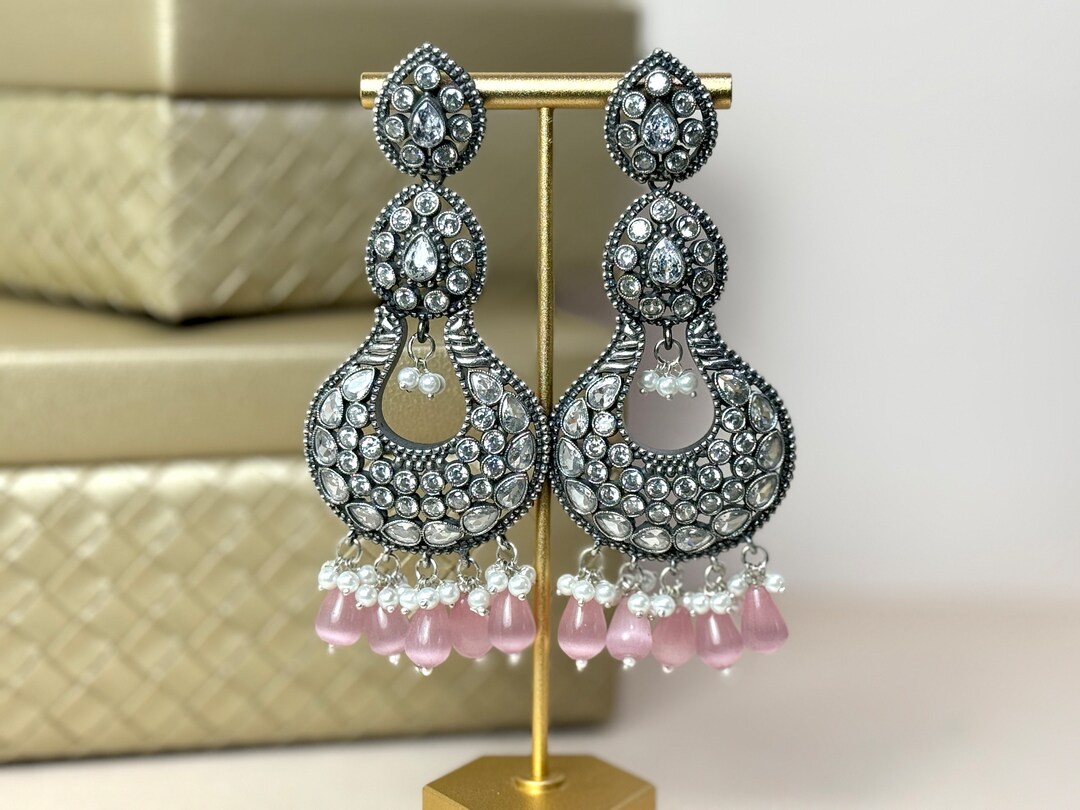 Jhumka Rhinestone Indian Earrings Rhinestone Light Pink Chandbalis Mirror Jhumkas ...