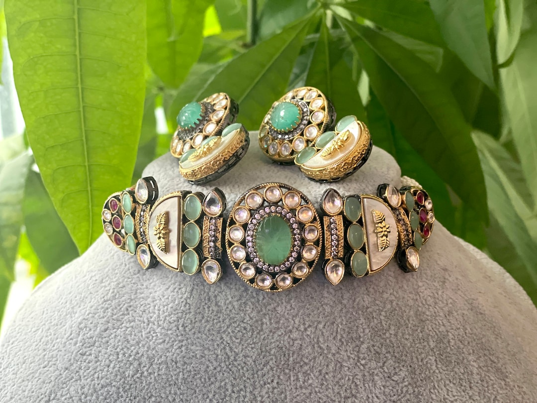 Sabyasachi Mint Green Indian Victorian Jewellery and Gold Choker Set