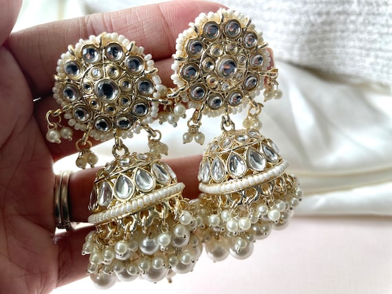 Indian Earrings White Jhumkas Sangeet Earrings Jaggo Earrings