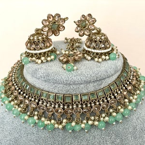 Mintgroene polkachoker Indiase polkichoker Indiase sieraden Pakistaanse sieraden Groene polkagroene Kundan Tikka Sangeet-sieraden