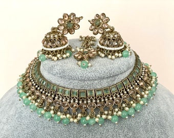 Mint Green Polki Choker Set: Indian Kundan Jewelry with Tikka