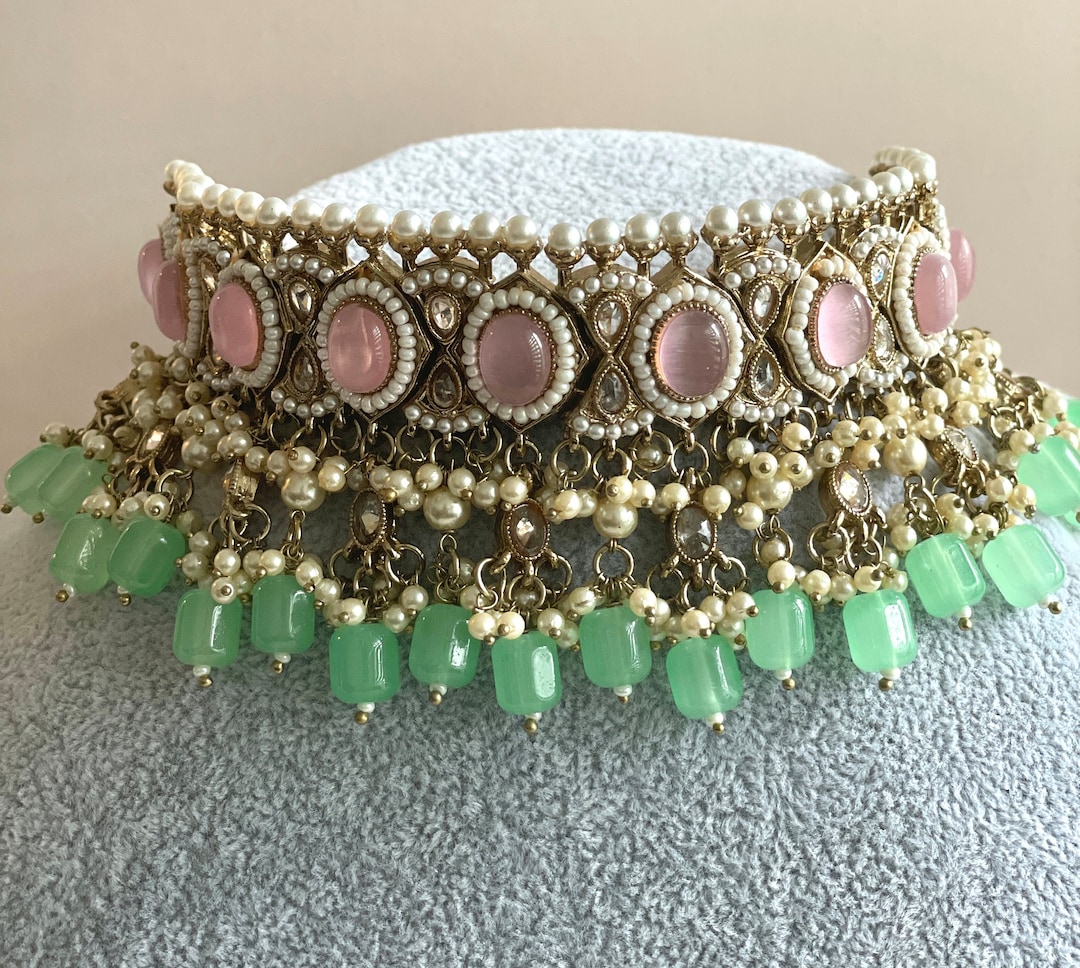Mint Green Indian Necklace Set Green and Light Pink Polki Choker
