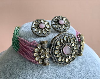 Light Pink & Green Kundan Choker: Victorian Indian Jewelry
