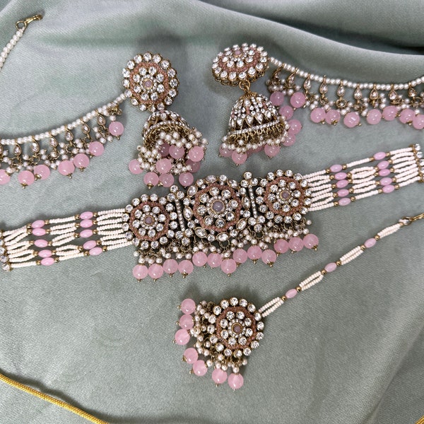 Baby Pink Kundan Choker Indian Jewellery Pakistani Jewellery Light Pink Necklace Set Pink Sahara Earrings Bahubali Earrings Grace 1004